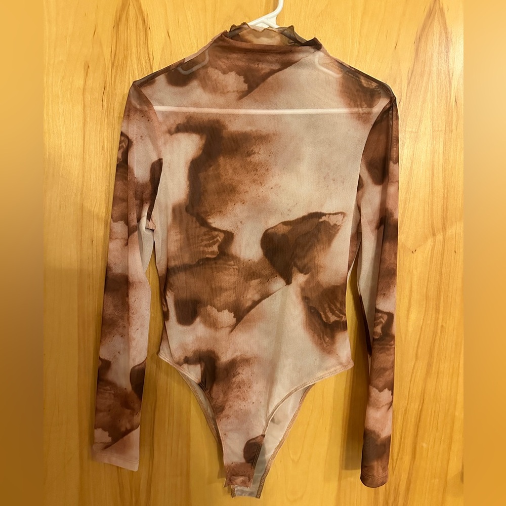 Brown and Cream Watercolor Pattern Sheer Long Sleeve Bodysuit